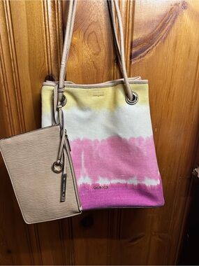 Calvin Klein Pink, Yellow & Cream Tie-Dye Canvas Tote with Wristlet